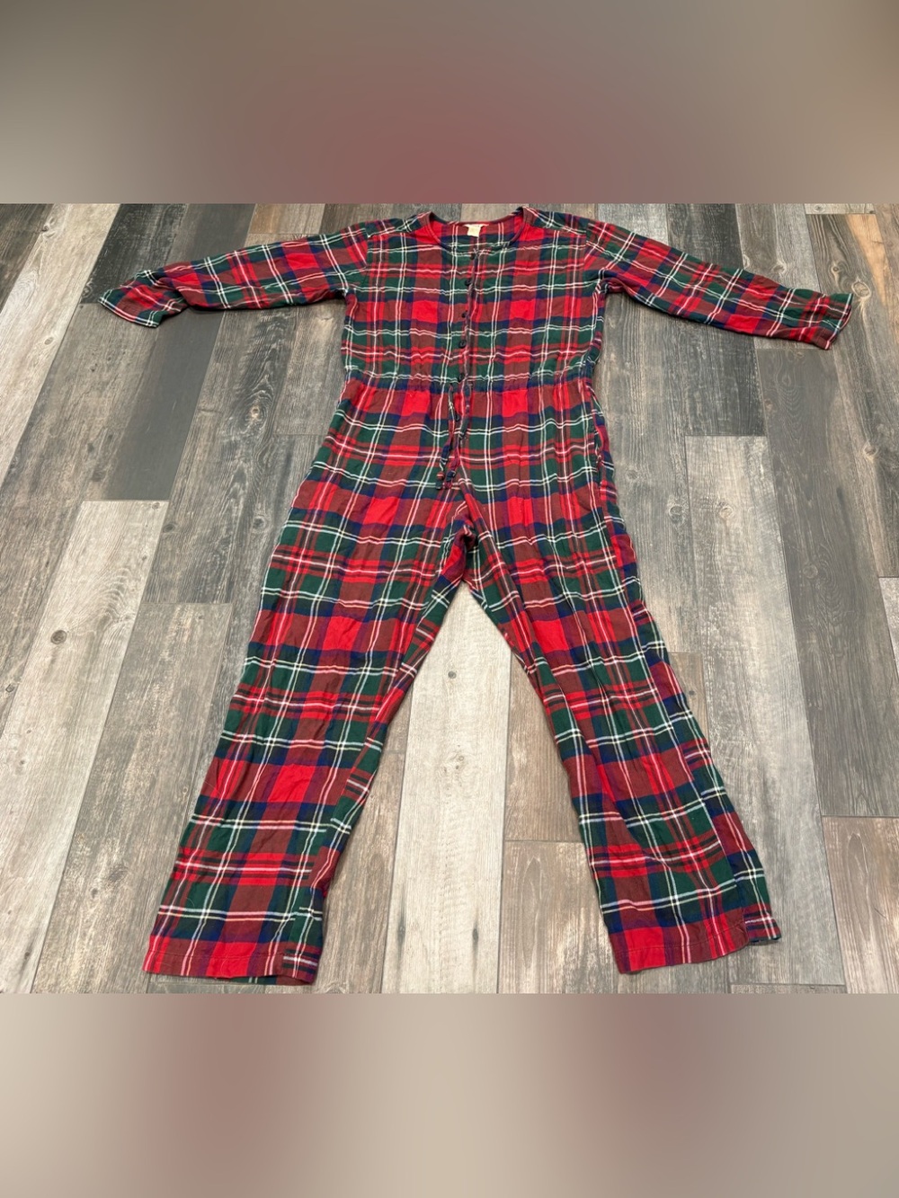 J Crew Plaid Pajamas One Piece Union Suit Jumper Cotton Button Up PJs womens L